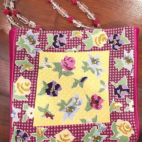 Floral Hot Pink Needlepoint Tote/Shoulder Bag with Beaded Handle, Suede Lining - Picture 5 of 11